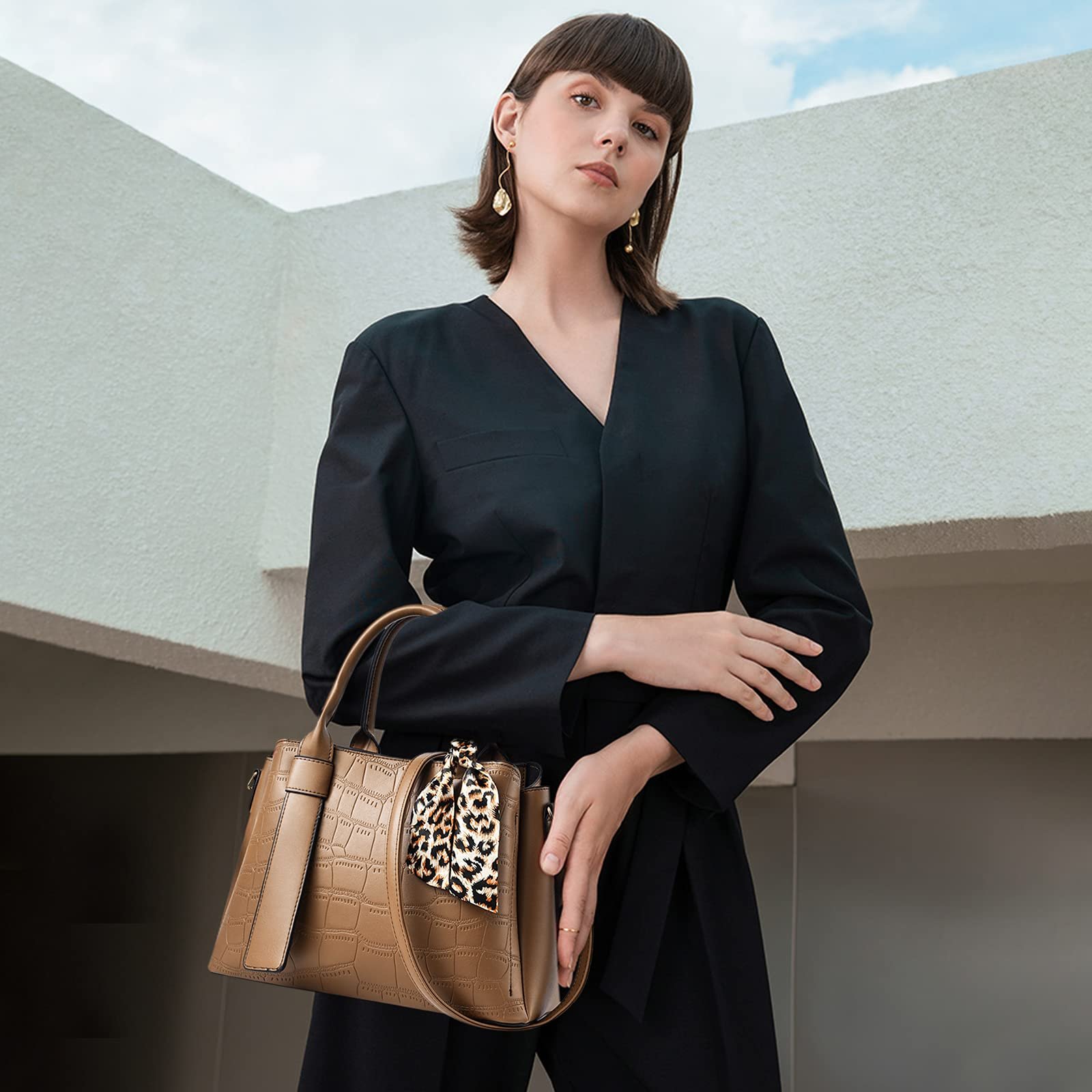 Сумка женская NICOLE & DORIS, кожаная, ретро, с узором под крокодила, цвета хаки, фото №2