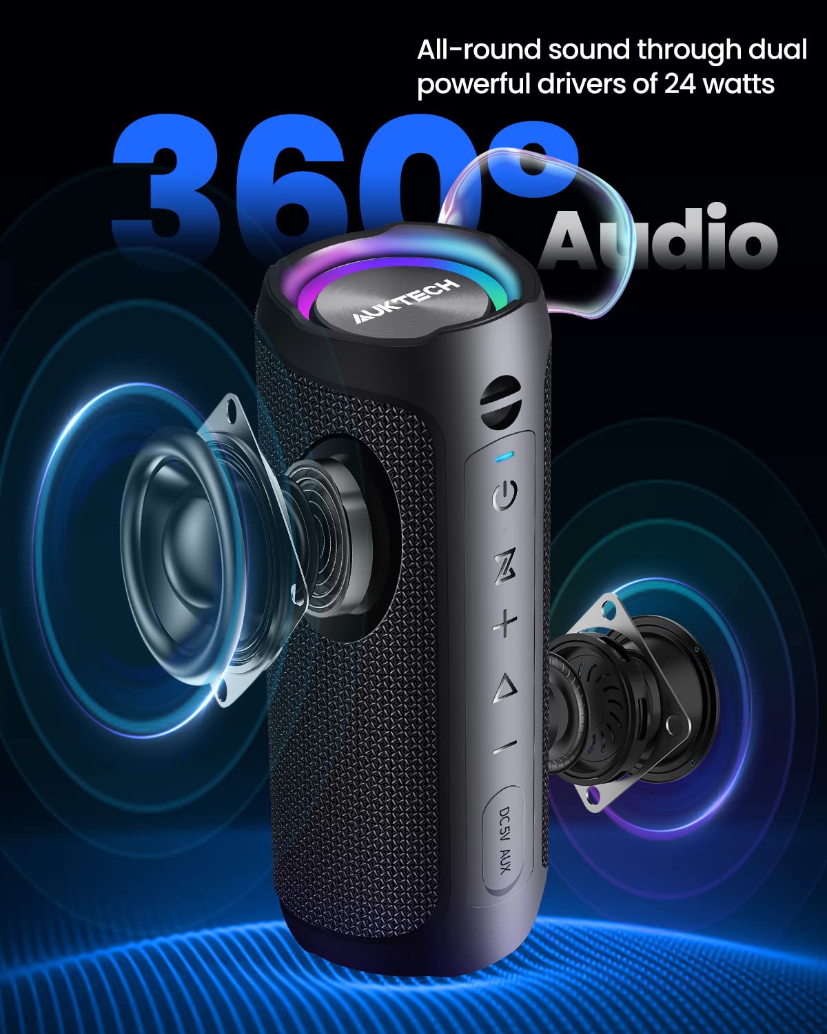 Портативна колонка AUKTECH Bluetooth Music Box 24 Вт LED 20 годин IPX7 для телефону/ПК, фото №2