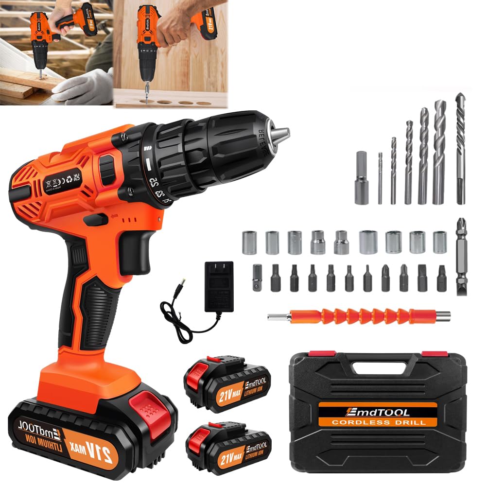 Акумуляторний шуруповерт 21 В набір з 2 батареями 25+1 рівень крутного моменту 45 Нм з 2 передачами, LED підсвітка, 26 аксесуарів для домашнього DIY, фото №1