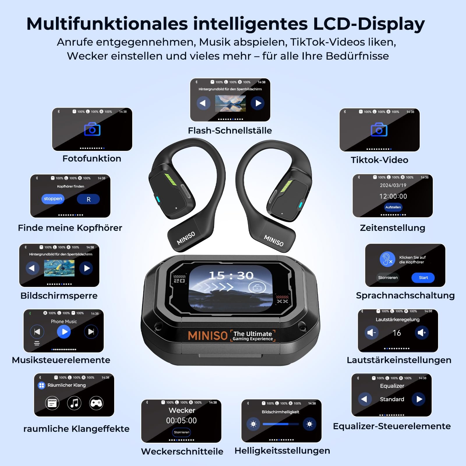 Наушники-переводчик MINISO M98 AI, 3-в-1 с приложением, 134 языка перевода, с сенсорным ЖК-экраном, с открытым ухом для обучения, путешествий, фото №4