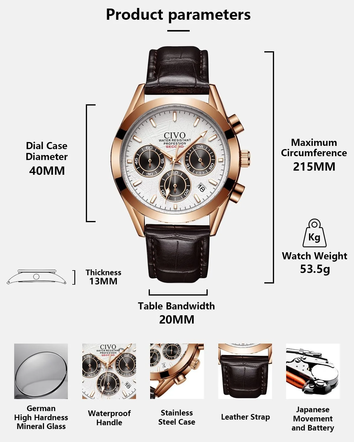 Чоловічий годинник CIVO Хронограф: аналоговий годинник з нержавіючої сталі зі шкіряним ремінцем, фото №6