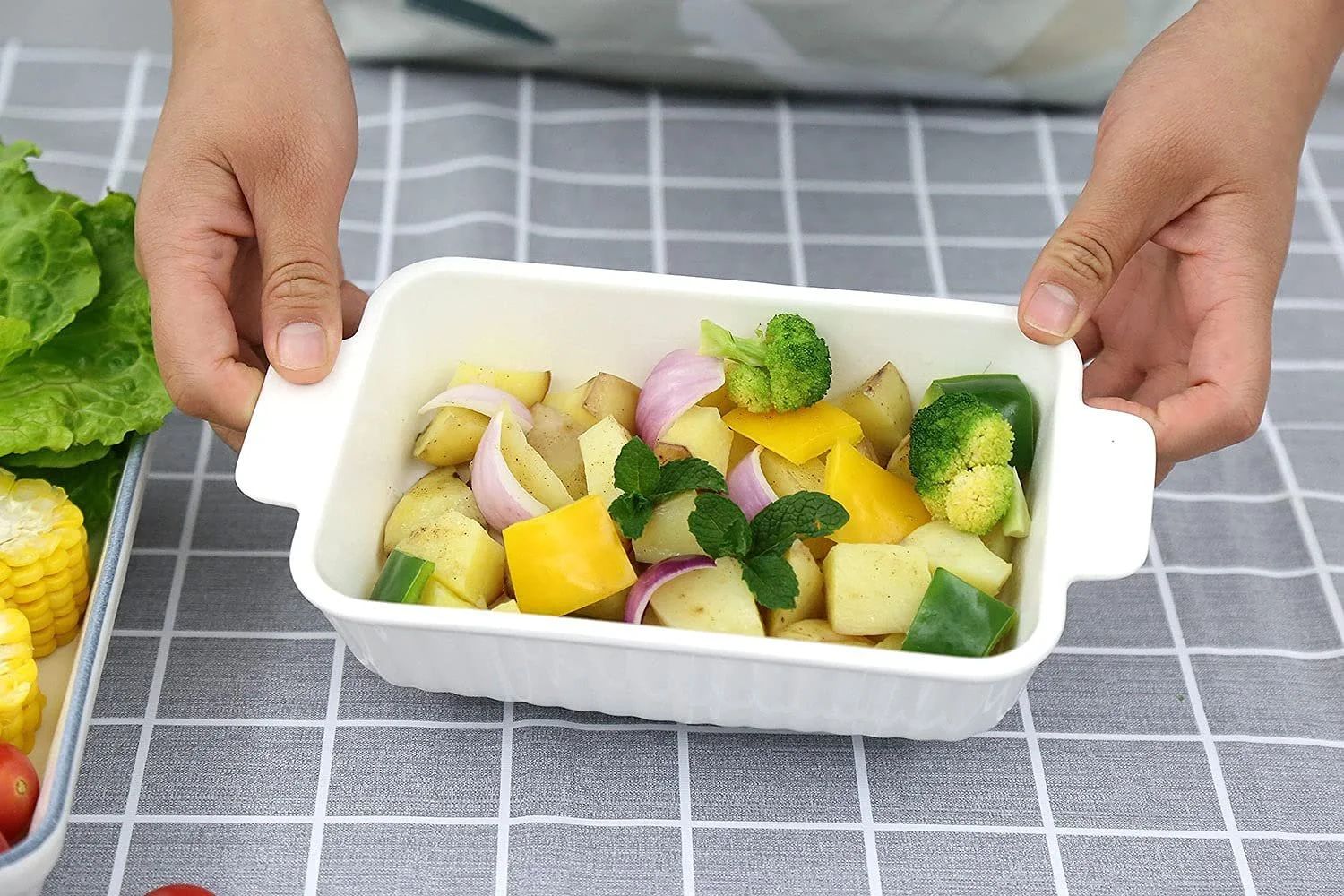 Набор форм для запекания Porcelain 2 шт. Белые прямоугольные полосатые с ручками, фото №5