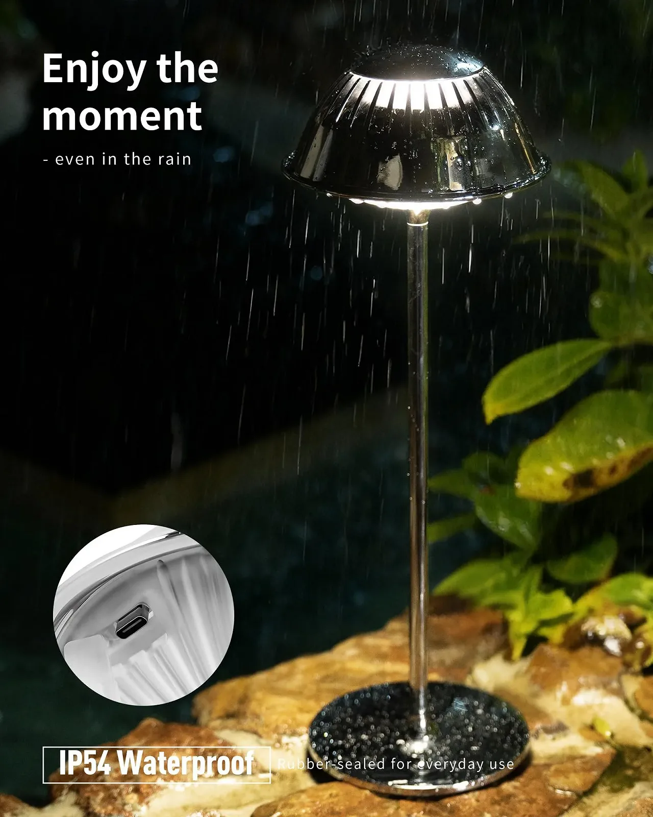 Настільна лампа LED бездротова сенсорна регульована яскравість водонепроникна акумуляторна Сріблястий хром, фото №6