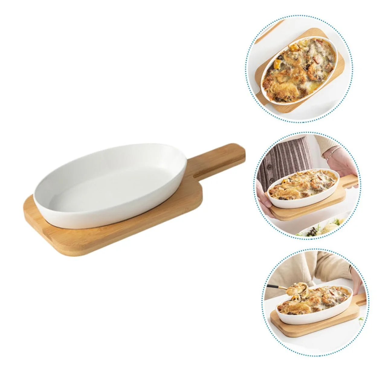 Форма для випікання керамічна овальна жаростійка з дерев'яною підставкою антипригарна, фото №4