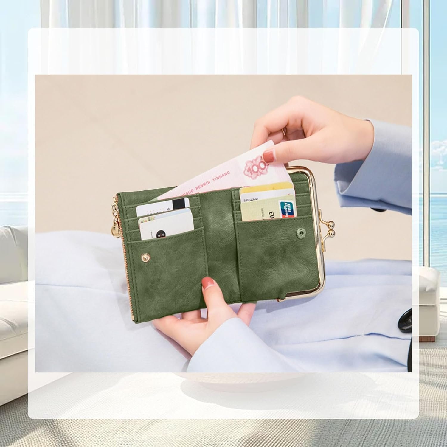 Кошелек PU Кожаный Женский RFID Защита Компактный Двойного Сложения Дизайн с Молнией и Защелкой, Много Отделений для Карт, Просторный Карман для Монет и Металлическая Пряжка Alien, Тонкий, Безопасный, фото №5