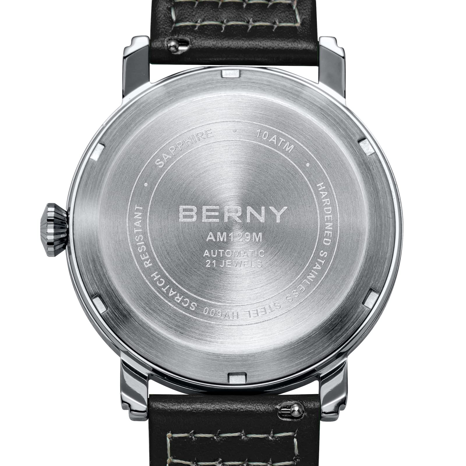 Часы BERNY Механический Автоматический Мужской Самозавод Кожаный Ремешок Классический Авиатор Водонепроницаемый 10АТМ Сапфировое Стекло Устойчивый к Царапинам Супер Люминесцентный, фото №7