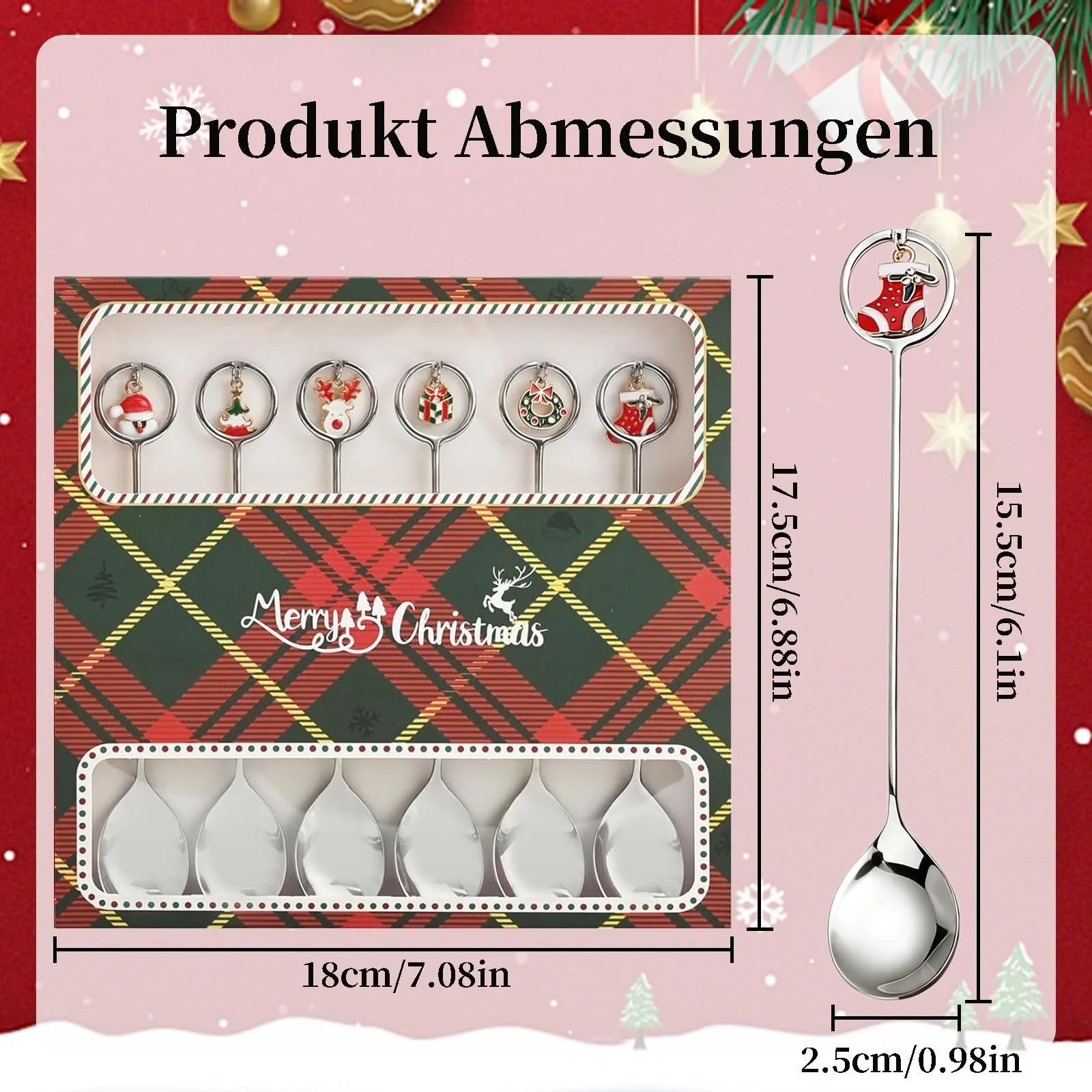 Набір з 6 різдвяних ложок, нержавіюча сталь, фото №2