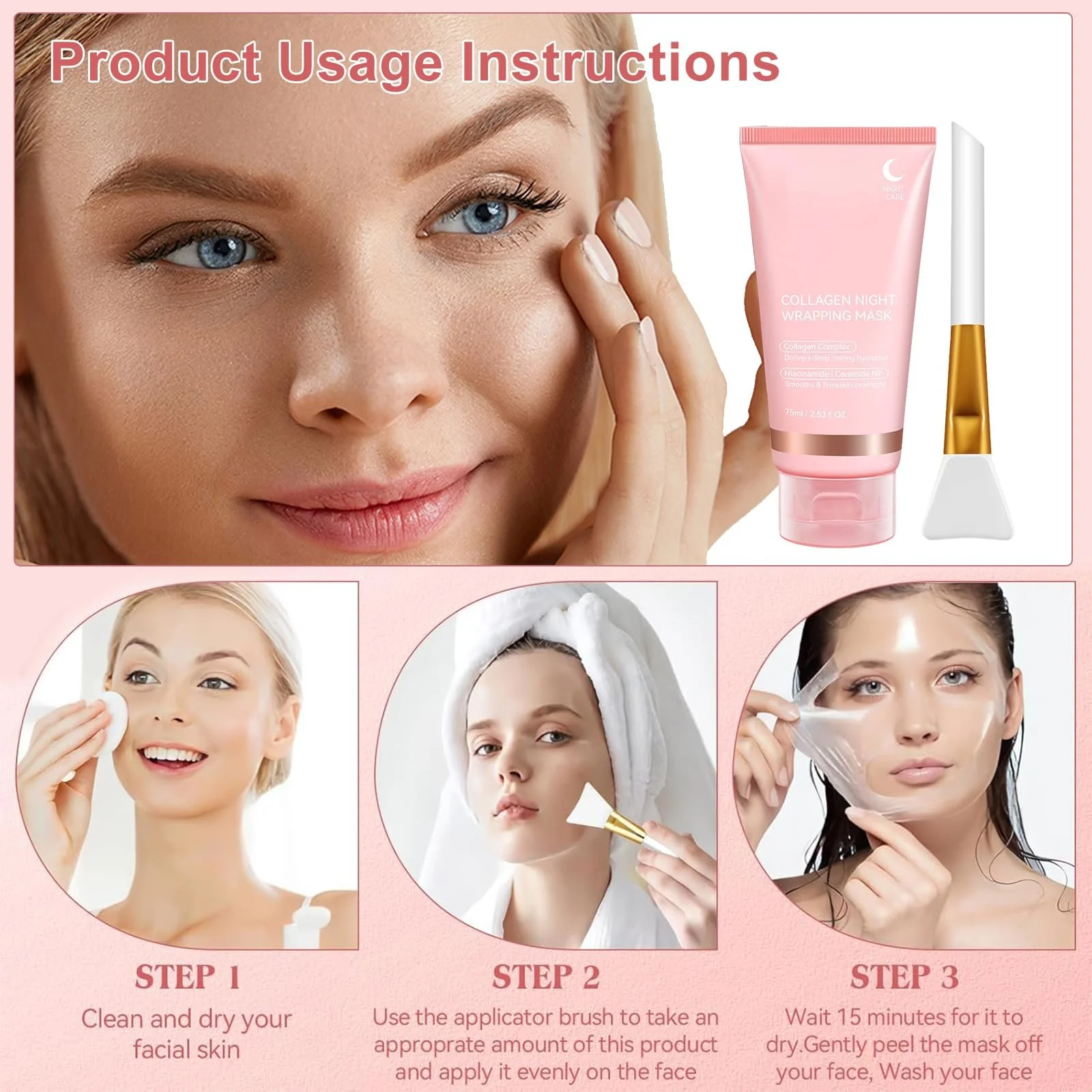 Ночная маска для лица с коллагеном, Маска-пленка для лица, Органическая маска для лица с коллагеном, Эластичность и увлажнение, Ночная маска, Маска для лица уменьшает дряблость и тусклость, 75 мл, фото №6 Ночная маска для лица с коллагеном, Маска-пленка для лица, Органическая маска для лица с коллагеном, Эластичность и увлажнение, Ночная маска, Маска для лица уменьшает дряблость и тусклость, 75 мл, фото №6