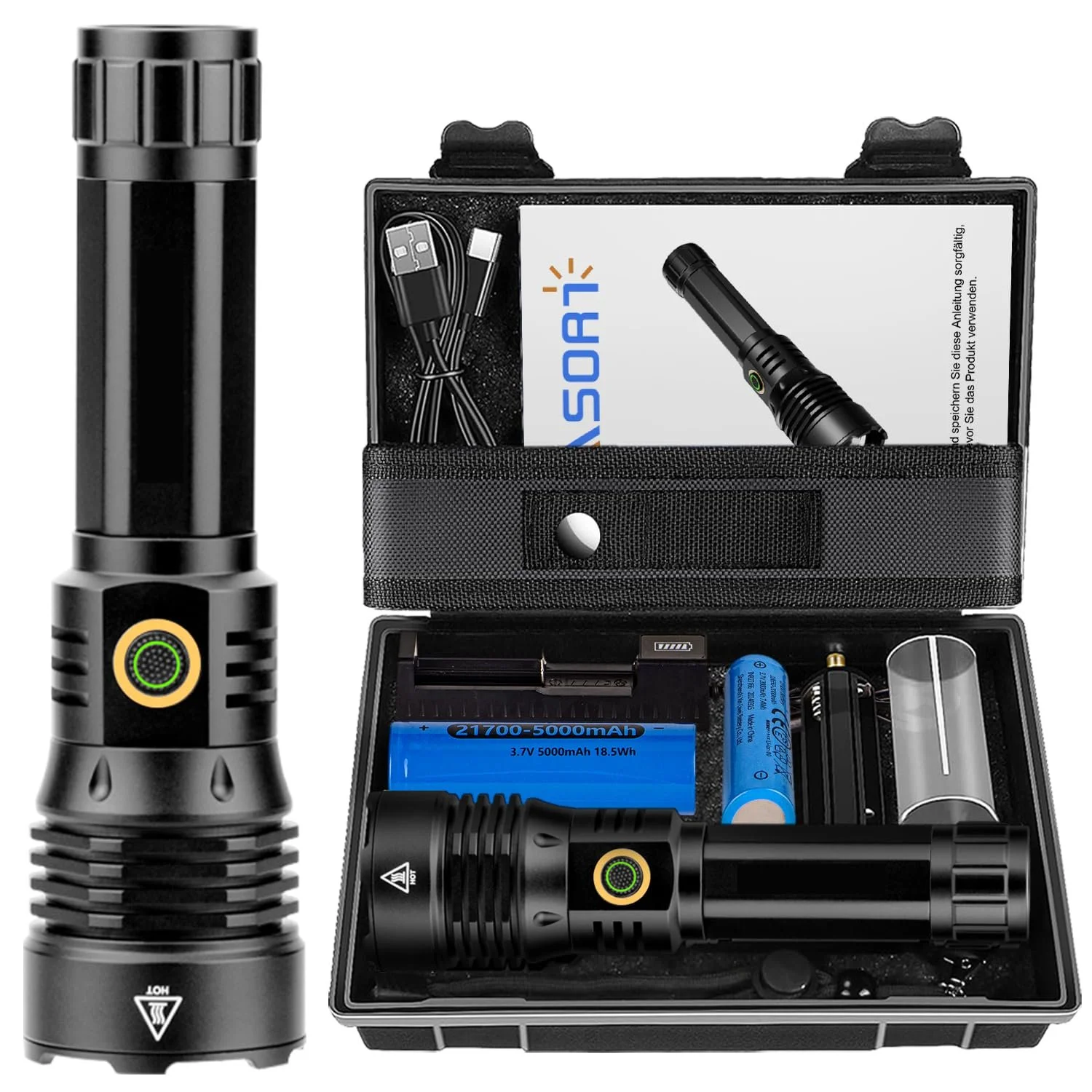 LED Ліхтар ASORT Надзвичайно яскравий 500 000 люмен, Супер яскравий Zoomable USB Перезаряджуваний Тактичний з 6 режимами освітлення, IP67 Водонепроникний з кобурою для кемпінгу, походів, активного відпочинку, надзвичайних ситуацій, фото №1