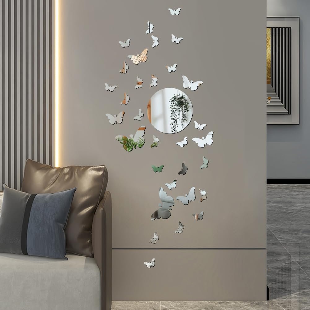 Зеркальные наклейки на стену 3D Butterfly 37 штук Серебристые, фото №1