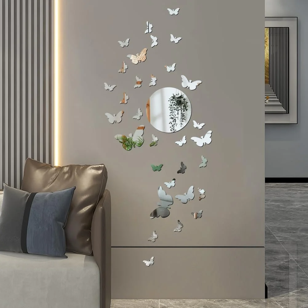 Зеркальные наклейки на стену 3D Butterfly 37 штук Серебристые, фото №1