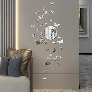 Зеркальные наклейки на стену 3D Butterfly 37 штук Серебристые - Фото 1
