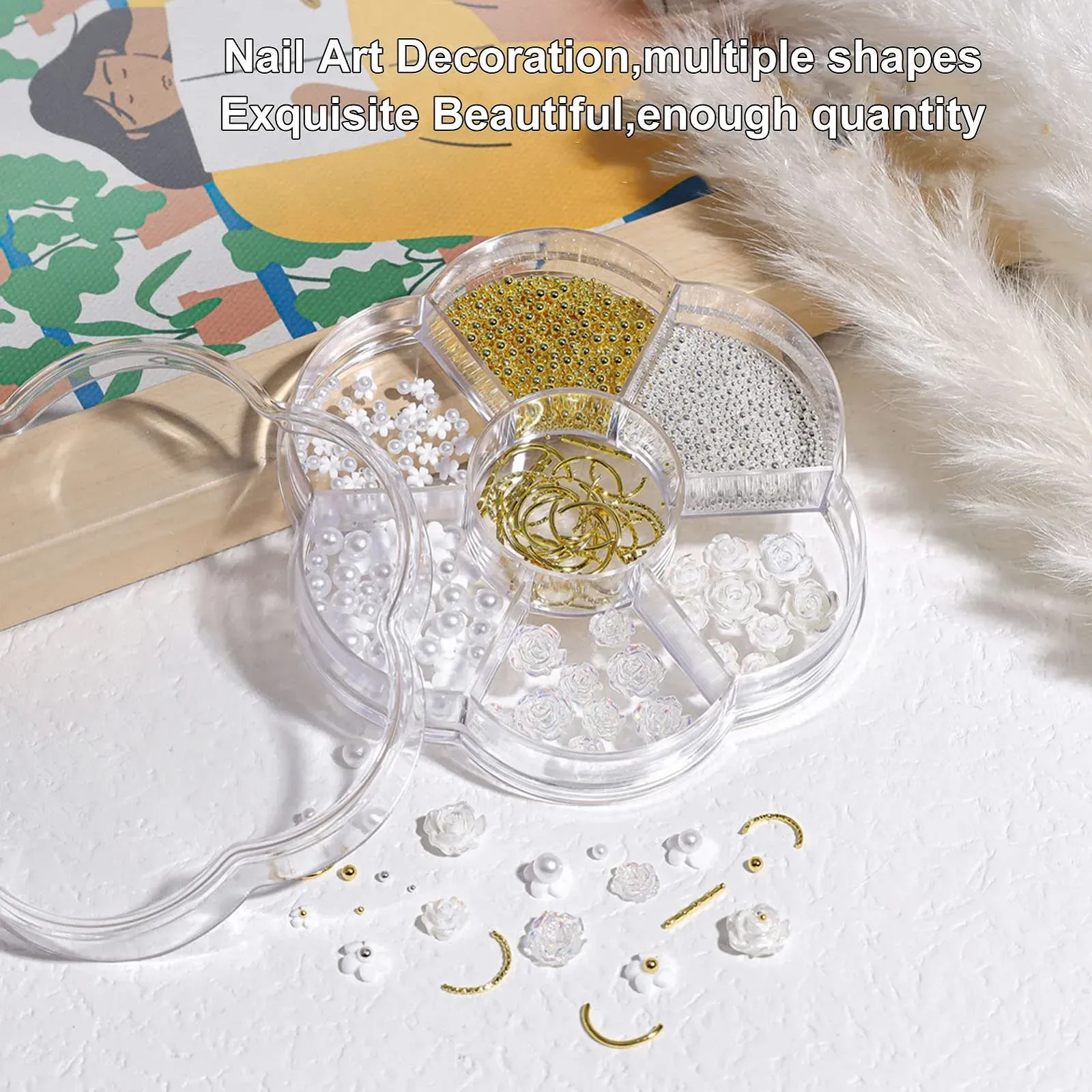 Набор для 3D украшения ногтей, 2 коробки, цветы, жемчуг, стразы золото/серебро для DIY украшения чехлов для телефонов, фото №3
