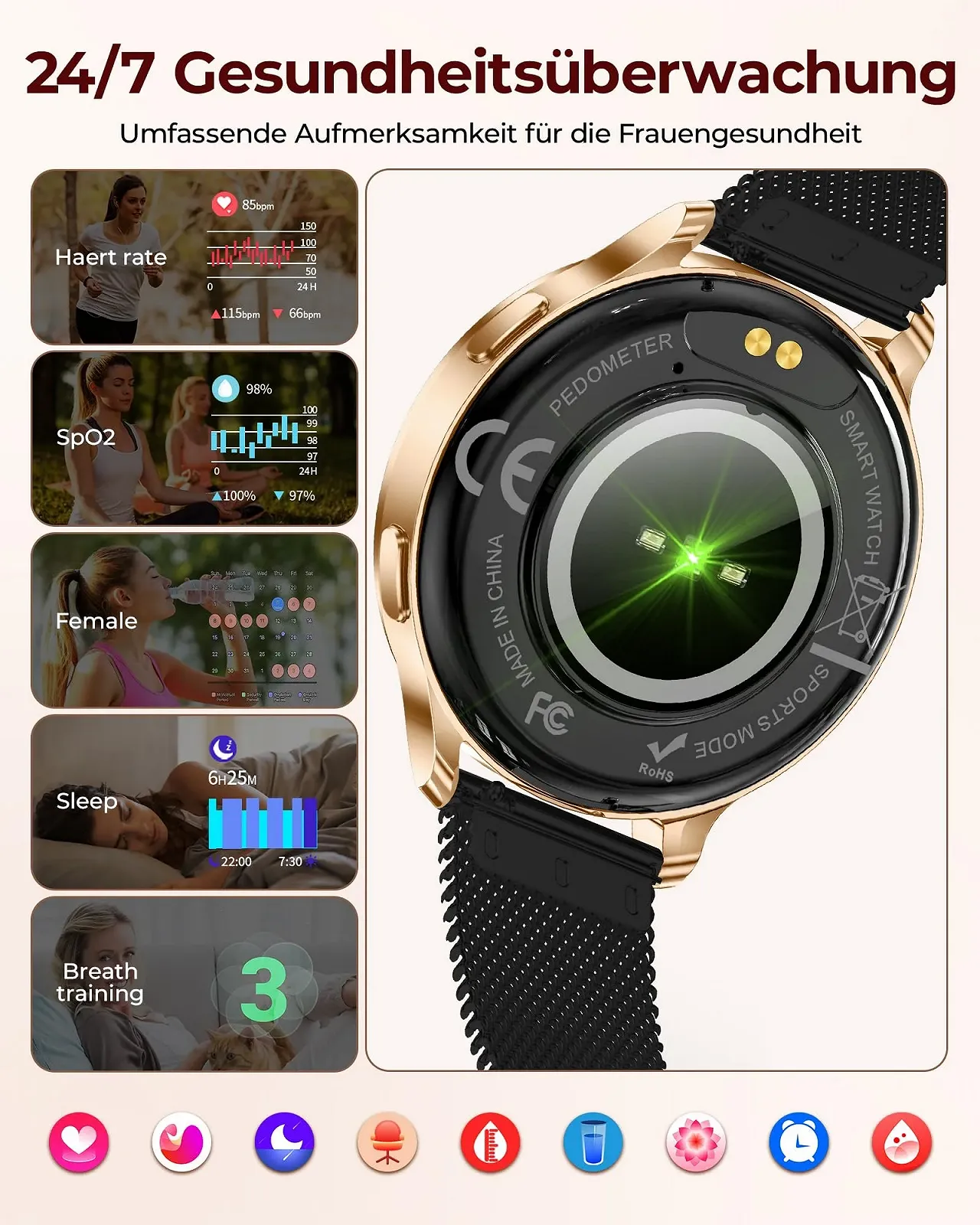 Жіночий Смарт-годинник Круглий Чорний Золотий, фото №5