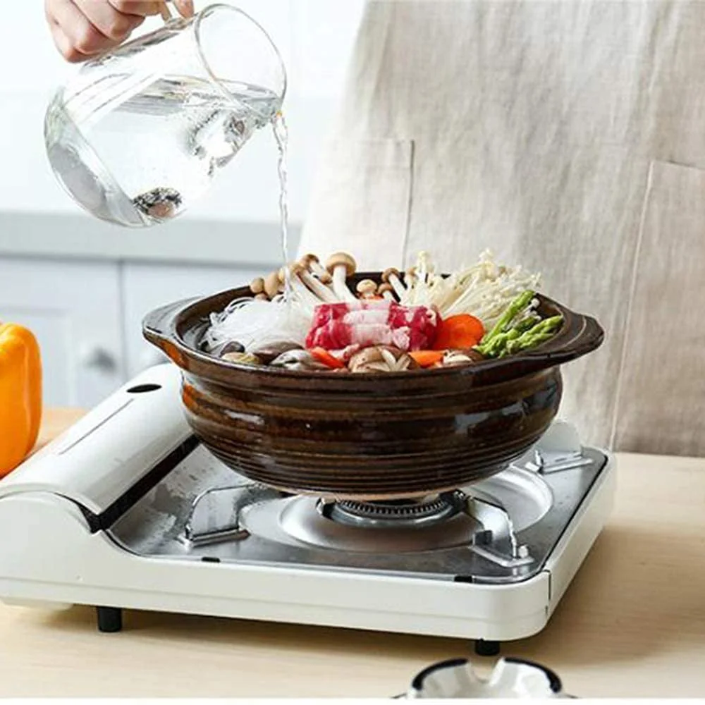 Керамическая кастрюля японская из жаропрочной глины с крышкой для риса и супов с принтом, фото №3