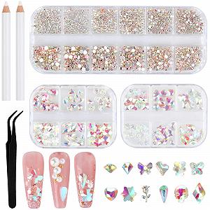 Стразы для ногтей 1560 шт., кристаллы с плоской задней стенкой с ручкой для точечной росписи и пинцетом, камни для дизайна ногтей, поделок, 3 коробки - Фото 1