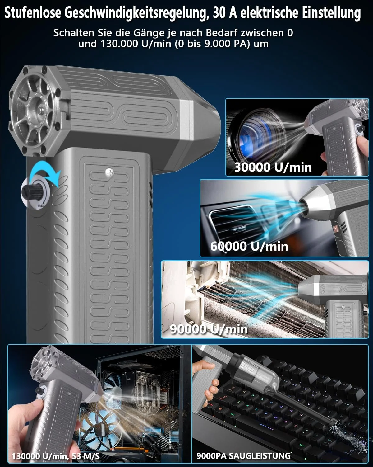 Електрична повітродувка-пилосос 2-в-1 MAEZOE 130 000 об/хв Плавно регульована швидкість 8000 мАг Сріблясто-сірий, фото №4 Електрична повітродувка-пилосос 2-в-1 MAEZOE 130 000 об/хв Плавно регульована швидкість 8000 мАг Сріблясто-сірий, фото №4