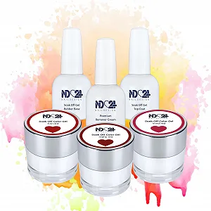 Гель-лак ND24 Premium Bundle Red Base Soak Off Gel Collection База Rubber Top Coat и Cream Remover - высокопигментированный UV LED гель-лак - насыщенный цвет, прочный - легко снимается - 6 шт. - Фото 1