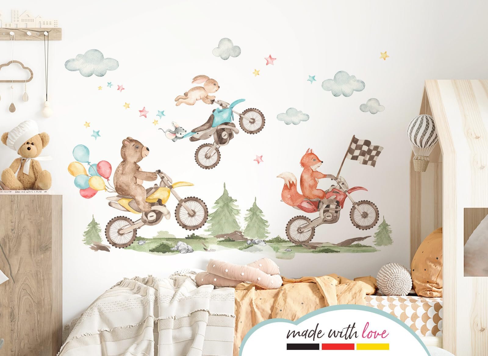 Наклейка на стену Little Deco DL5071 M Лесные звери на мотоциклах Набор, фото №2