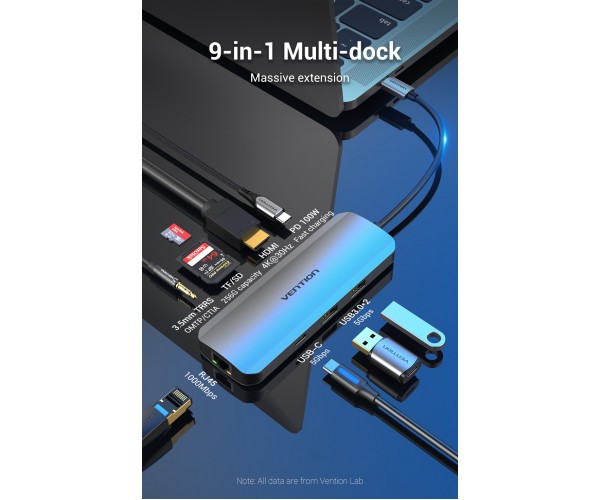 Док-станція USB3.1 Type-C -- HDMI/USB 3.0x2/RJ45/USB-C/SD/TF/TRRS 3.5mm/PD 100W Hub 9-in-1 Vention, фото №2