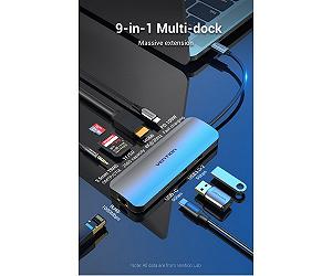 Док-станція USB3.1 Type-C -- HDMI/USB 3.0x2/RJ45/USB-C/SD/TF/TRRS 3.5mm/PD 100W Hub 9-in-1 Vention synthetic.ua - Фото 1