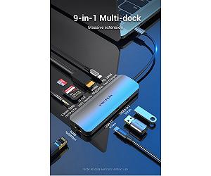 Док-станція USB3.1 Type-C -- HDMI/USB 3.0x2/RJ45/USB-C/SD/TF/TRRS 3.5mm/PD 100W Hub 9-in-1 Vention