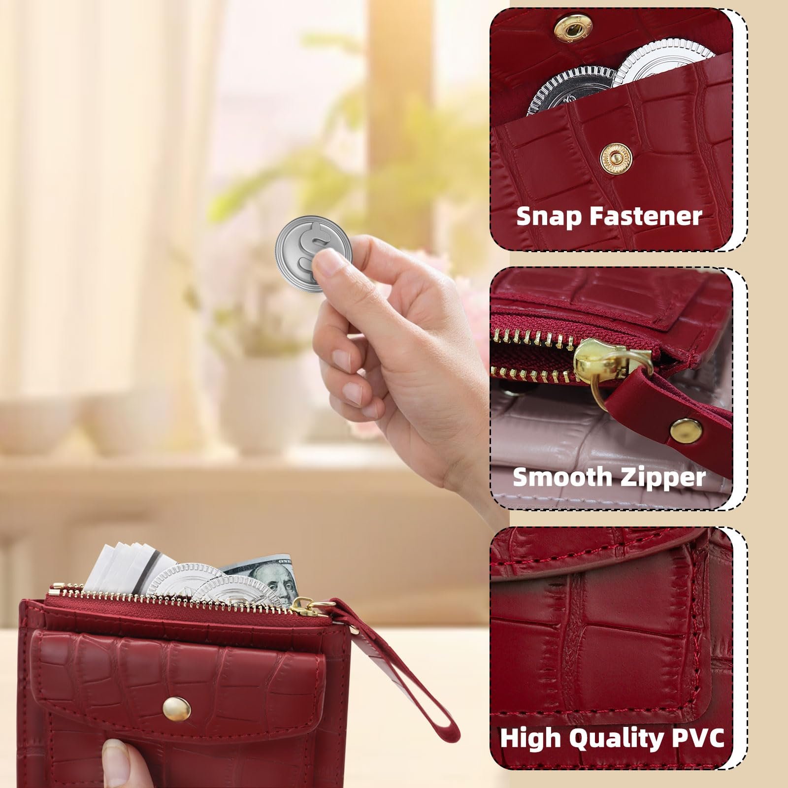 Кошелек MultiValue Slim Card Case, Кожаный картхолдер с отделением для монет, Карточный кошелек подходит для переднего кармана, Кошелек на молнии для женщин с карманом на кнопке, темно-красный, Modern, фото №4