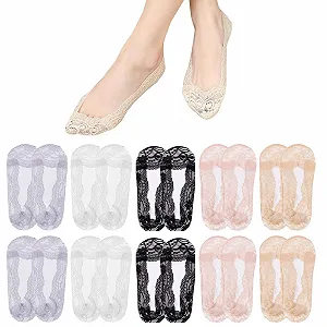 Женские носки Кружевные 10 пар Балетки Невидимые носки Хлопок Дышащие Кружевные носки для высоких каблуков и кроссовок Низкие (разноцветные) - Фото 1