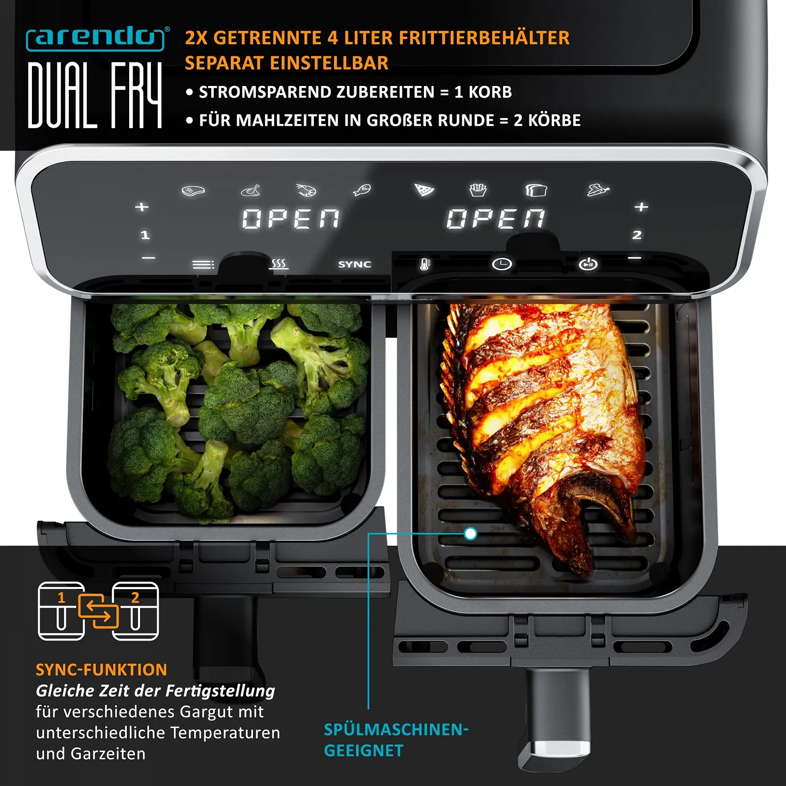 Мультипіч-піч Arendo 307226 Dual Zone 8 L 2 камери 2700 W Stainless Steel, фото №4 Мультипіч-піч Arendo 307226 Dual Zone 8 L 2 камери 2700 W Stainless Steel, фото №4