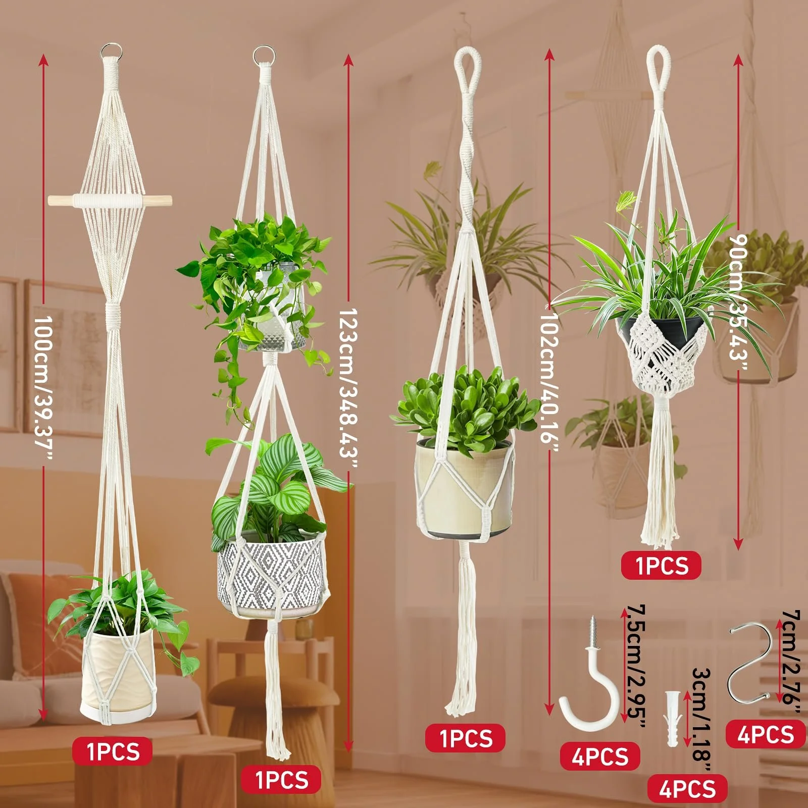 Підвісні кошики макраме з бавовняного каната в стилі бохо з гачками набір із 4 шт. білі, фото №6 Підвісні кошики макраме з бавовняного каната в стилі бохо з гачками набір із 4 шт. білі, фото №6