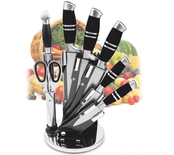 Набор ножей Benson BN-403 кухонных 9 предметов с подставкой + ножницы из нерж. стали Серебристый (11386), фото №1
