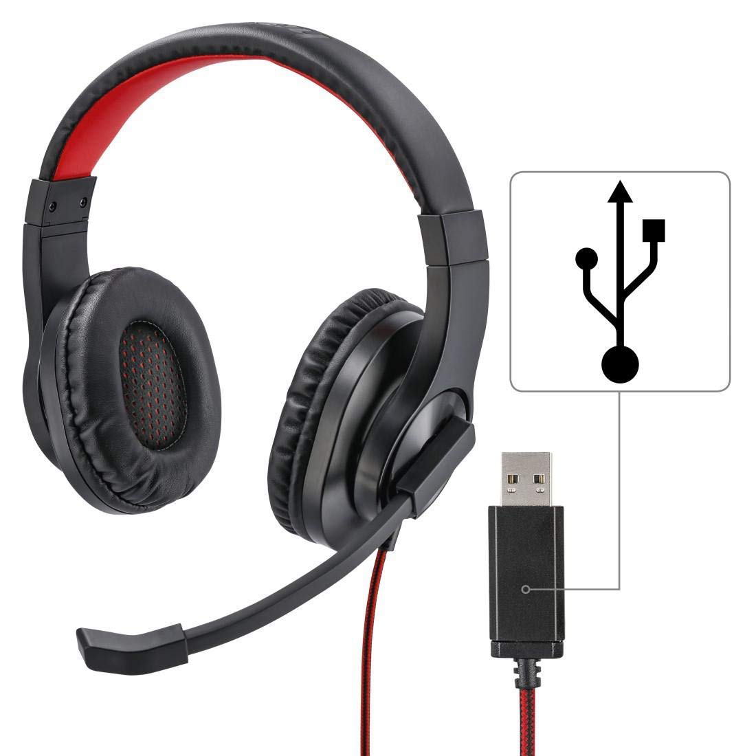 USB Hama HS-USB400 Наушники Over Ear с микрофоном Регулировка громкости Черный, Красный, фото №3
