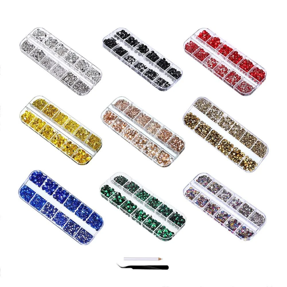 Стразы SagaSave 2000 шт., кристаллы для ногтей, плоская задняя часть, 6 размеров 1,5-6 мм в коробке с 12 отделениями, зеленый, фото №2