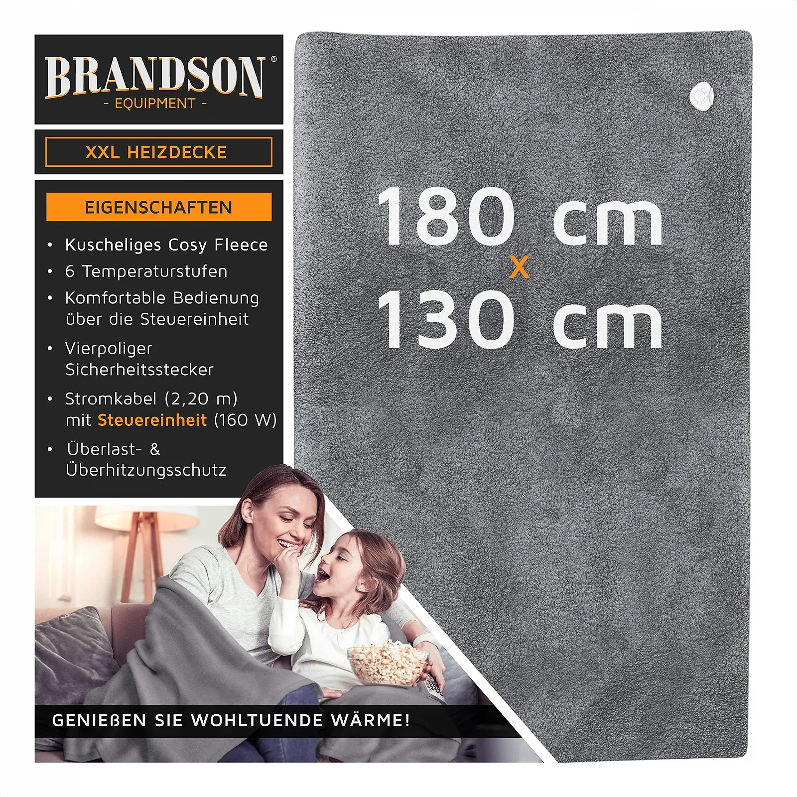 Електрична ковдра Brandson XXL 180 x 130 см. Сірий колір, фото №2