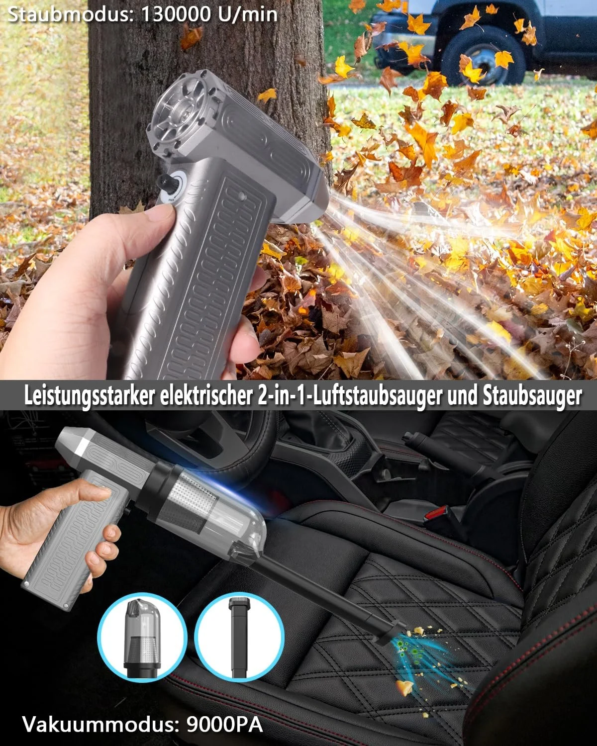 Електрична повітродувка-пилосос 2-в-1 MAEZOE 130 000 об/хв Плавно регульована швидкість 8000 мАг Сріблясто-сірий, фото №2 Електрична повітродувка-пилосос 2-в-1 MAEZOE 130 000 об/хв Плавно регульована швидкість 8000 мАг Сріблясто-сірий, фото №2