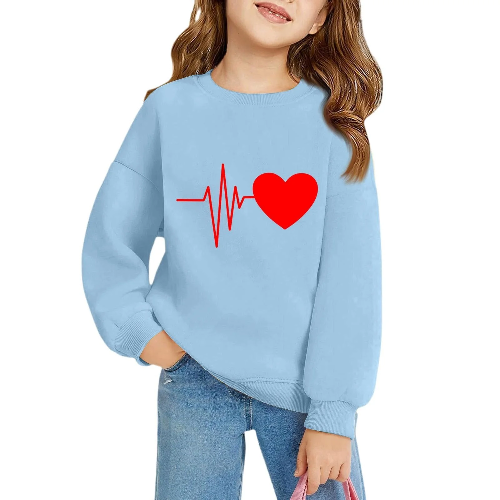 Детский свитшот с длинными рукавами с дизайном в виде сердца, мягкий пуловер с круглым вырезом, повседневный джемпер, топ для школы, досуга, детская одежда для девочек, фото №1