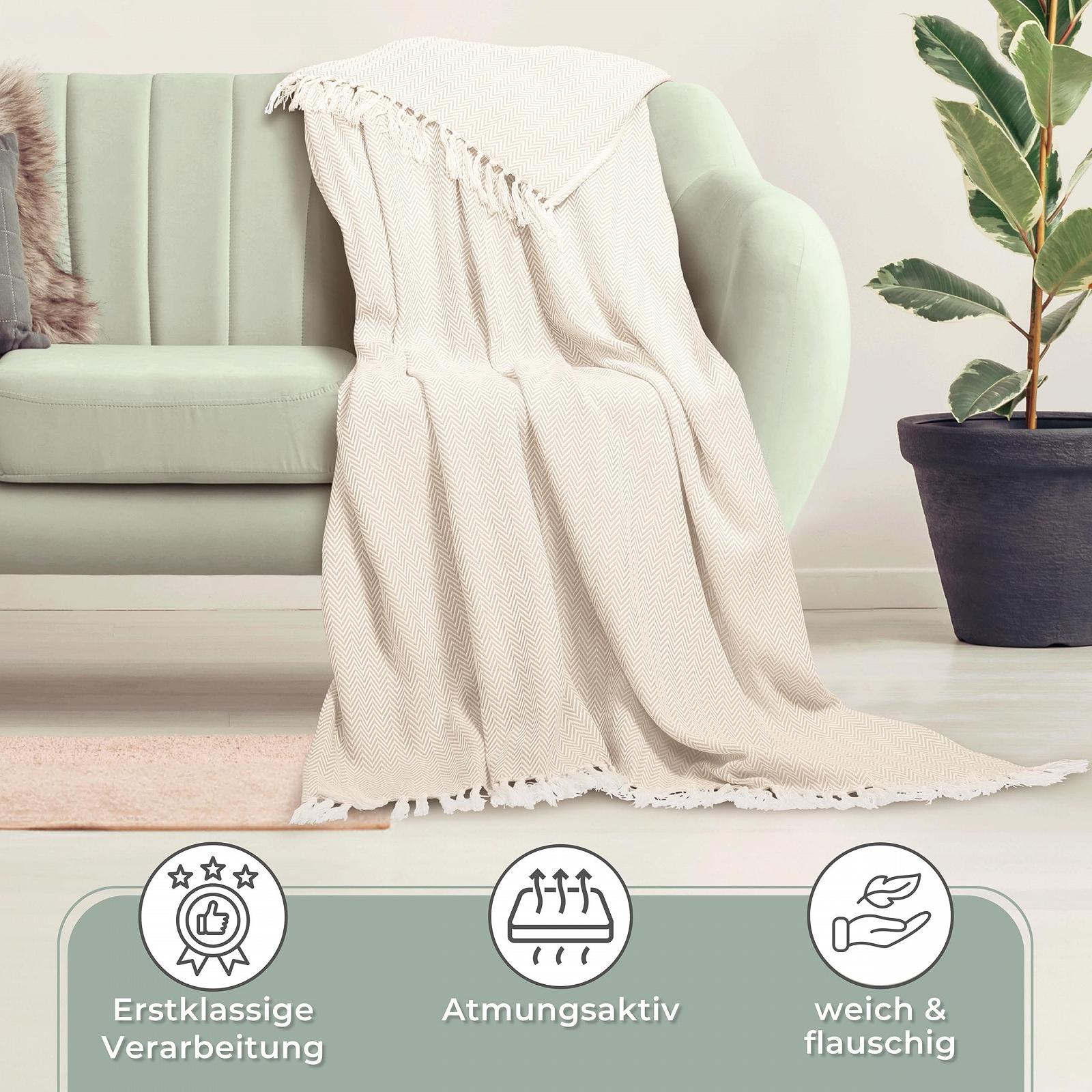 Покривало Gr"."fenstayn Premium з бахромою, XXL, 100% бавовна, 220 x 240 см, візерунок "ялинка", літня Плед, бавовняна Плед як накидка на ліжко, накидка на диван, Плед для дивана, кремовий, фото №5 Покривало Gr"."fenstayn Premium з бахромою, XXL, 100% бавовна, 220 x 240 см, візерунок "ялинка", літня Плед, бавовняна Плед як накидка на ліжко, накидка на диван, Плед для дивана, кремовий, фото №5