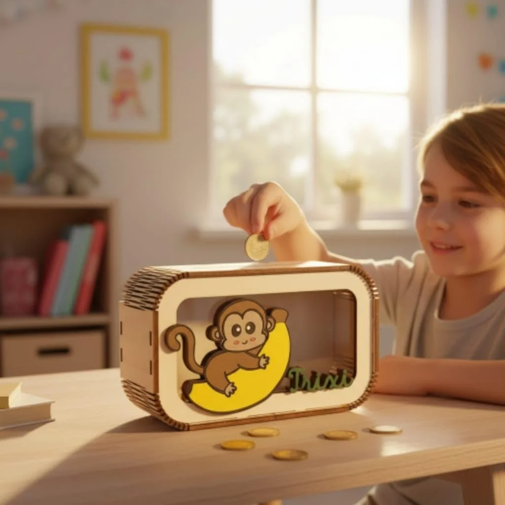 Скарбничка Мавпочка дерев'яна персоналізована Сафарі-тема, фото №3