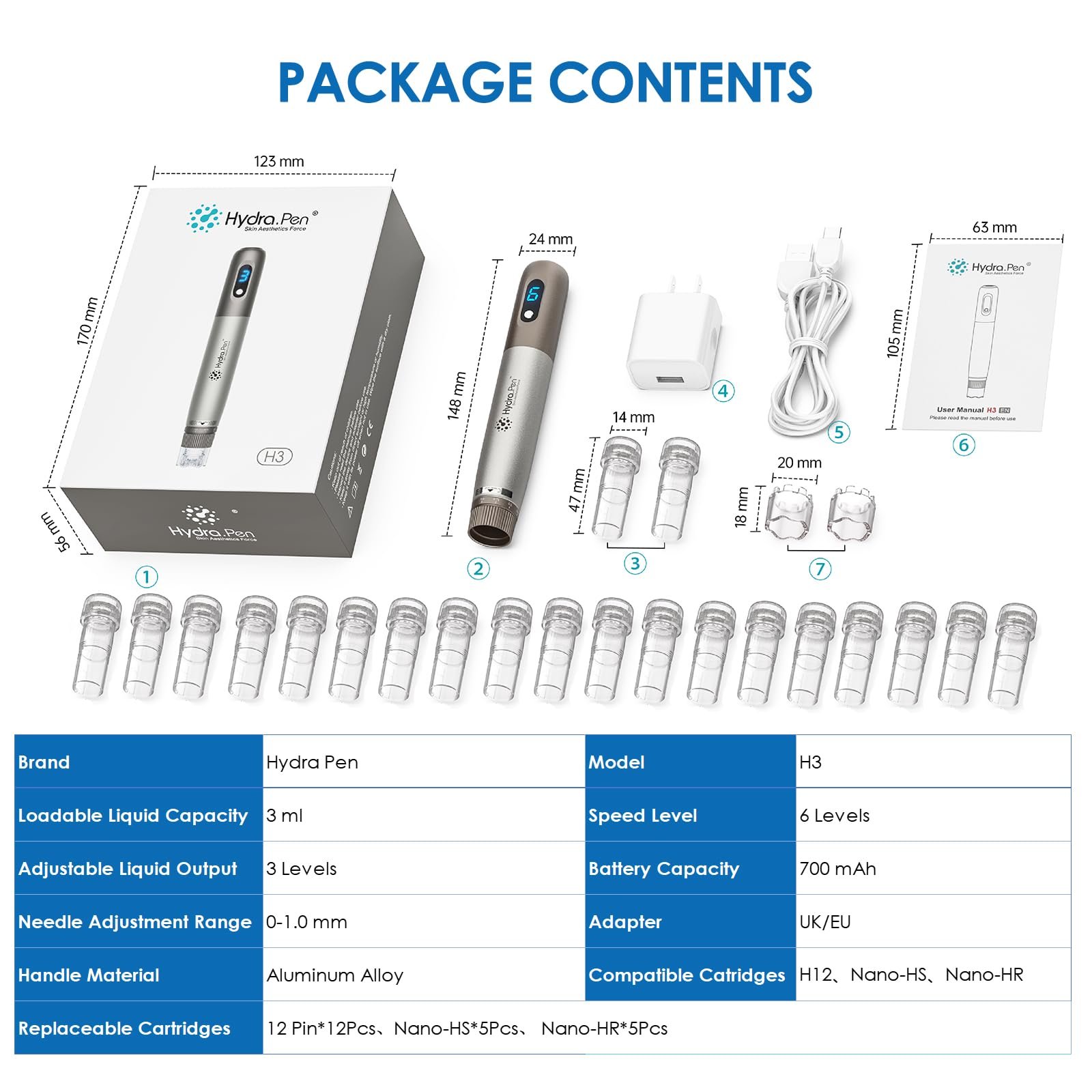 Ручка для микронидлинга Hydra Pen H3 Профессиональный аппликатор сыворотки Micro Needle Machine с 22 сменными насадками Derma Stamp (12 x 12 Pins + 5 x Nano HR + 5 x Nano HS), фото №7
