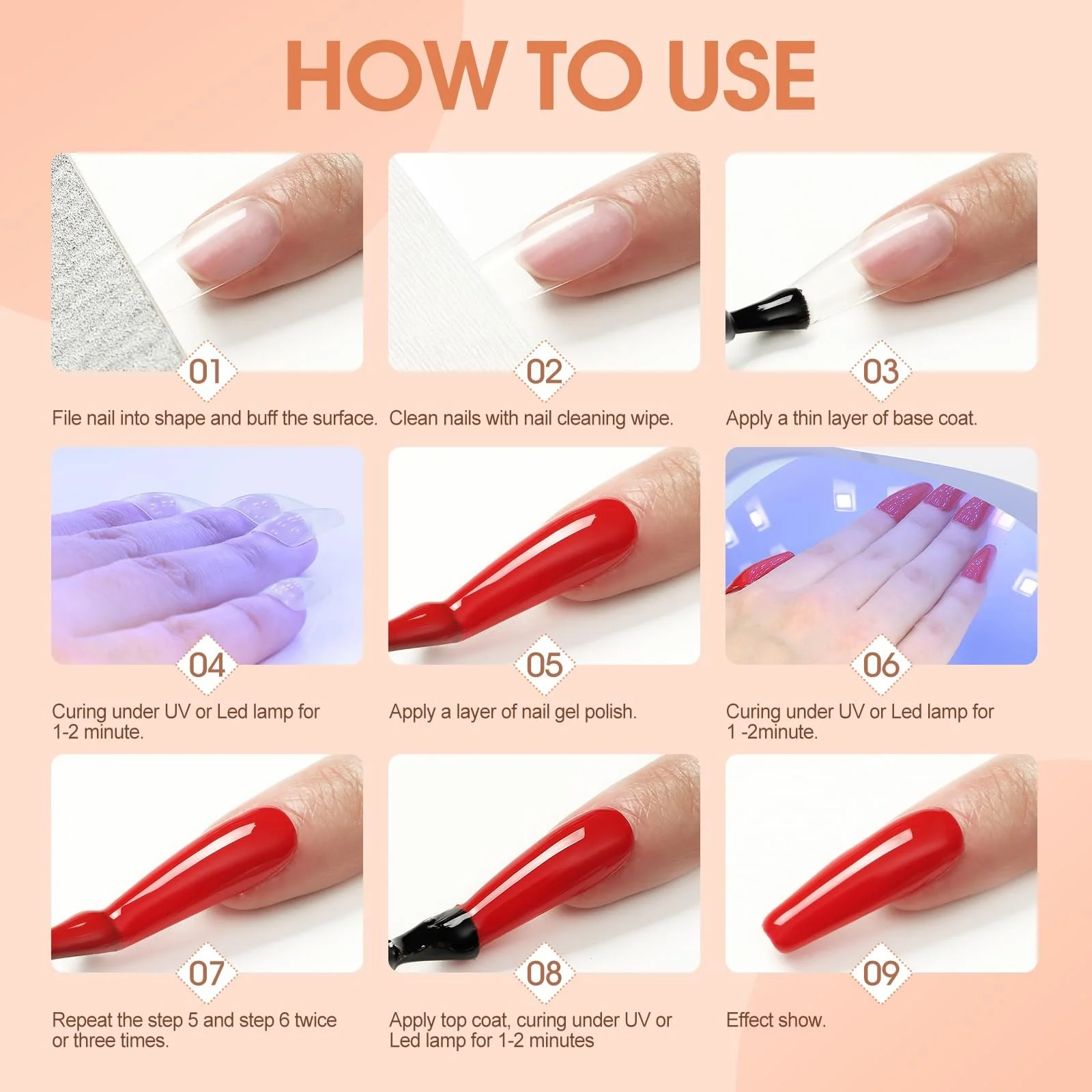 Гель-лак COSCELIA, набор, 10 цветов, розовый, красный, белый, черный, телесный, фото №8