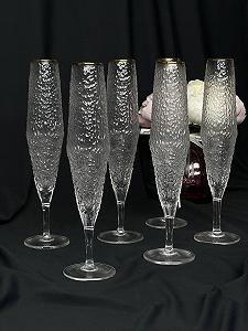 Бокали для шампанского 6 шт з золотою оконтовкою. Крижане скло - Фото 1