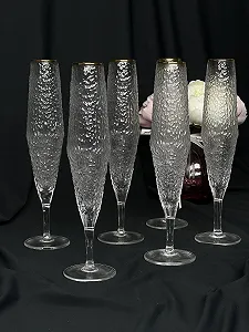 Бокали для шампанского 6 шт з золотою оконтовкою. Крижане скло - Фото 1