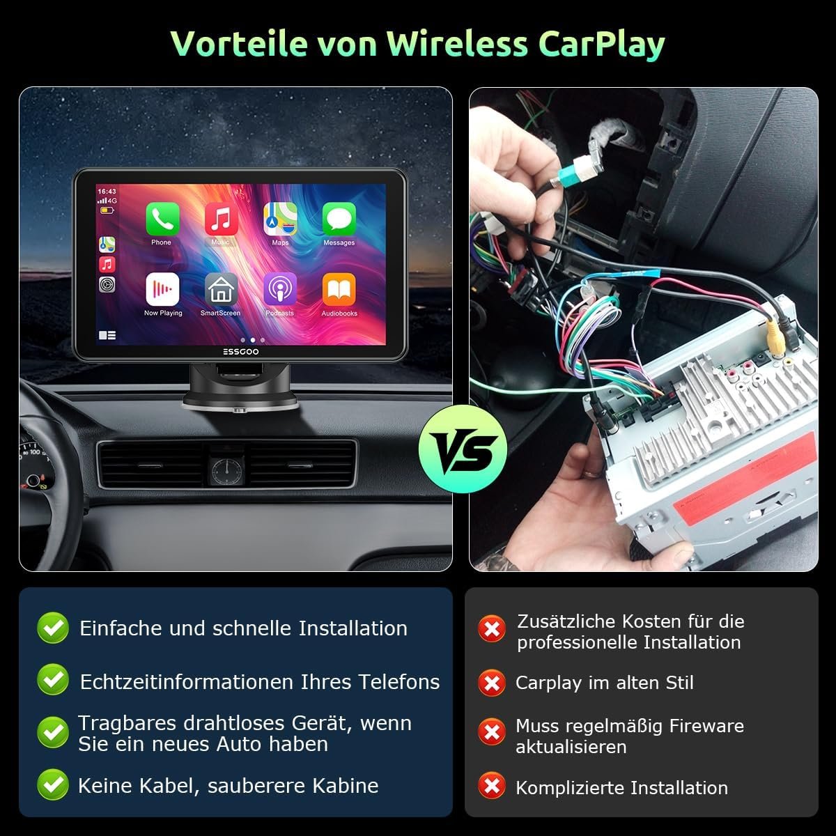 Автомагнітола ESSGOO 743CP / 7" / Сенсорная / Apple CarPlay / Android Auto / GPS / Bluetooth / AUX / USB, фото №6