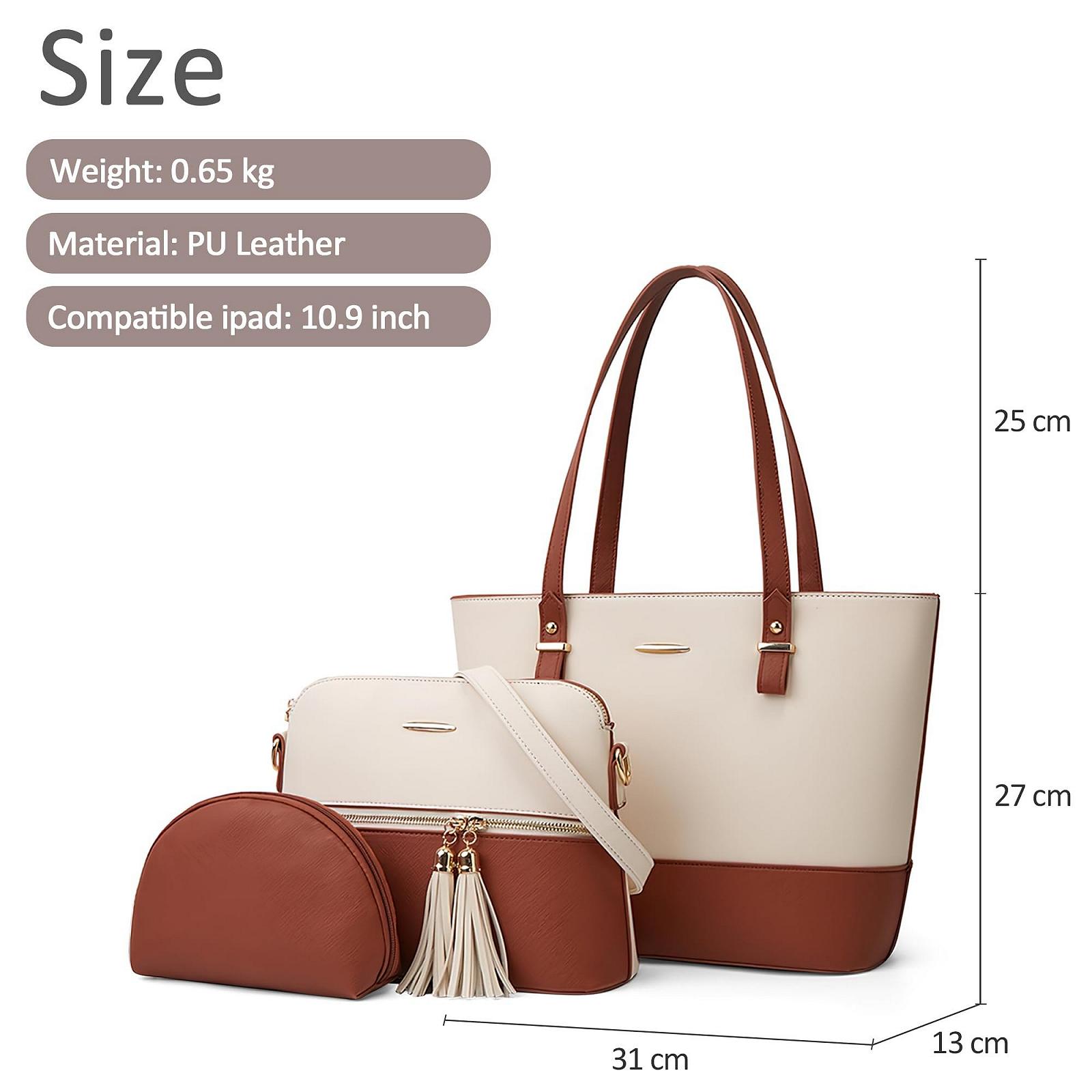 Сумка DORRISO Комплект из 3 предметов: cумка с ручками, сумка через плечо и кошелек, элегантная из искусственной кожи, белая с коричневым, фото №6 Сумка DORRISO Комплект из 3 предметов: cумка с ручками, сумка через плечо и кошелек, элегантная из искусственной кожи, белая с коричневым, фото №6