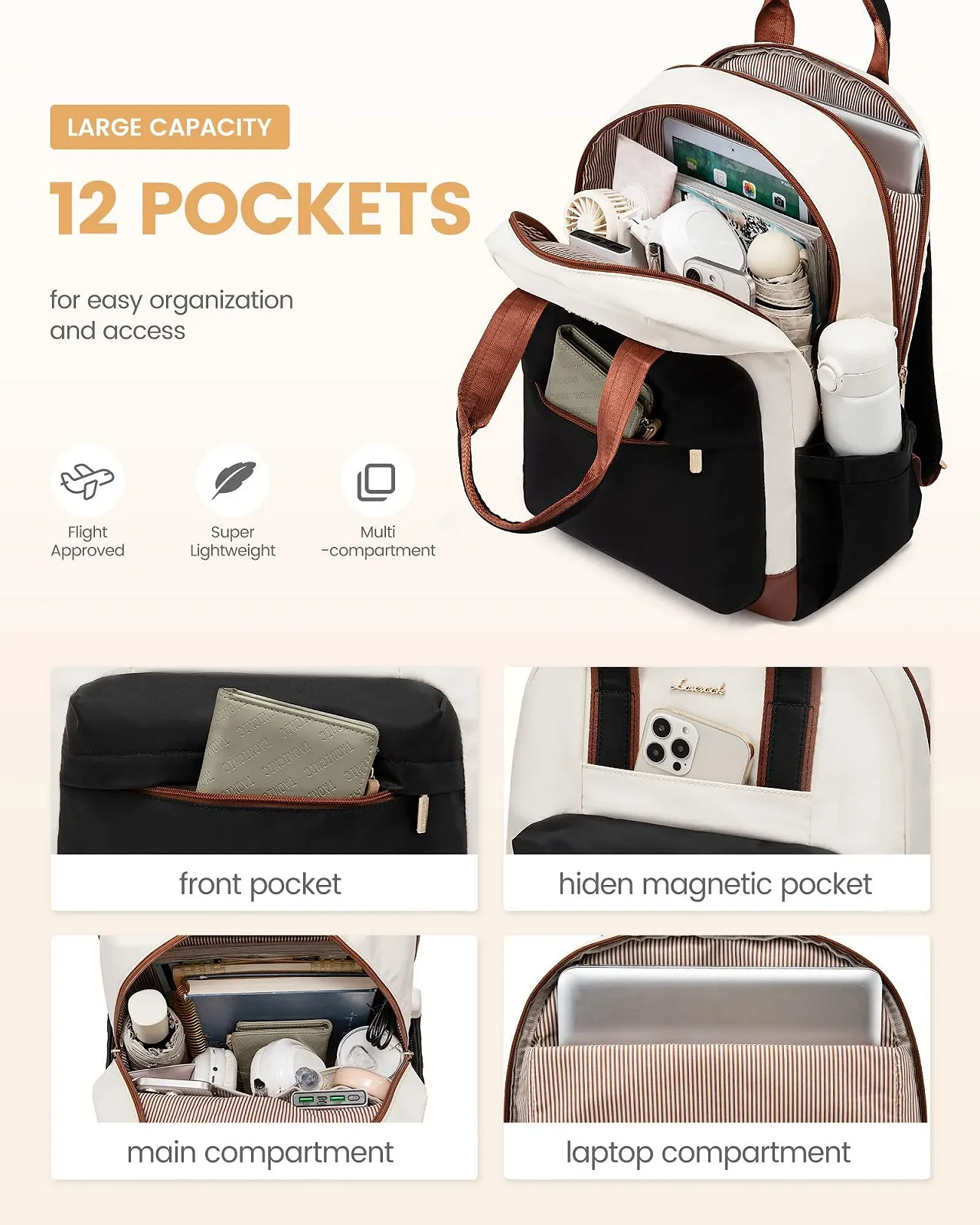 Рюкзак LOVEVOOK для ноутбука 15.6 дюйма Beige-black-brown, фото №3 Рюкзак LOVEVOOK для ноутбука 15.6 дюйма Beige-black-brown, фото №3