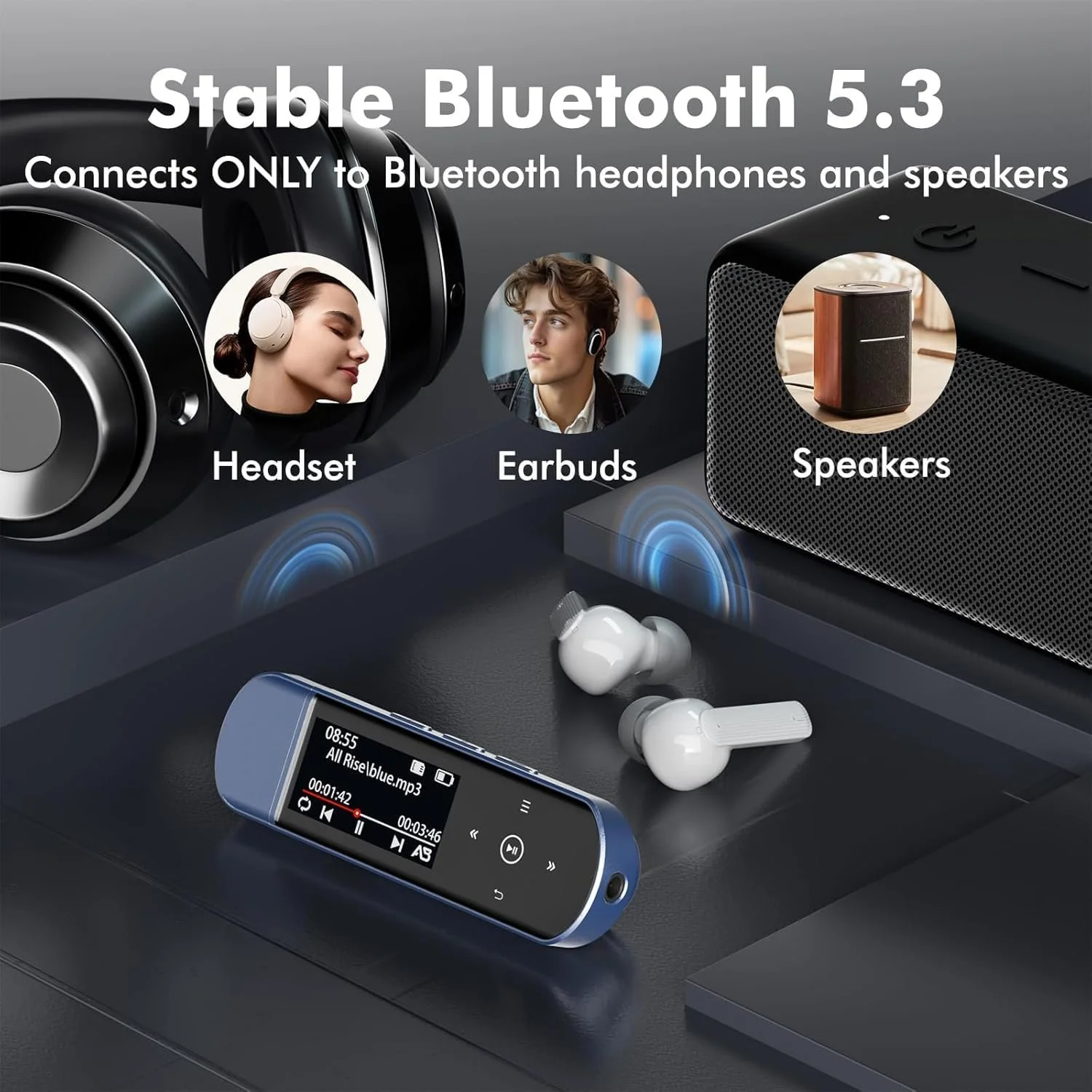 MP3-плеєр USB портативний 64 GB Bluetooth 5.3, з кліпсою для спорту та бігу, FM-радіо, диктофон, передача файлів з мобільного телефону та цифрове аудіо у випадковому порядку, фото №3