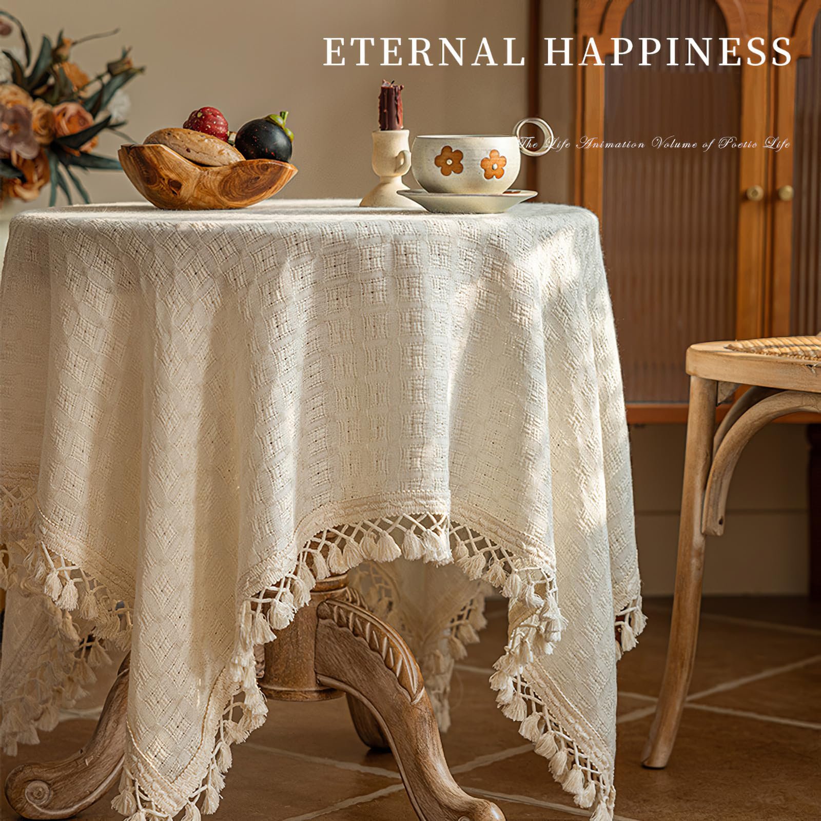 Скатертина Cotton Linen з китицями макраме 90 x 90 см Бежева, фото №7
