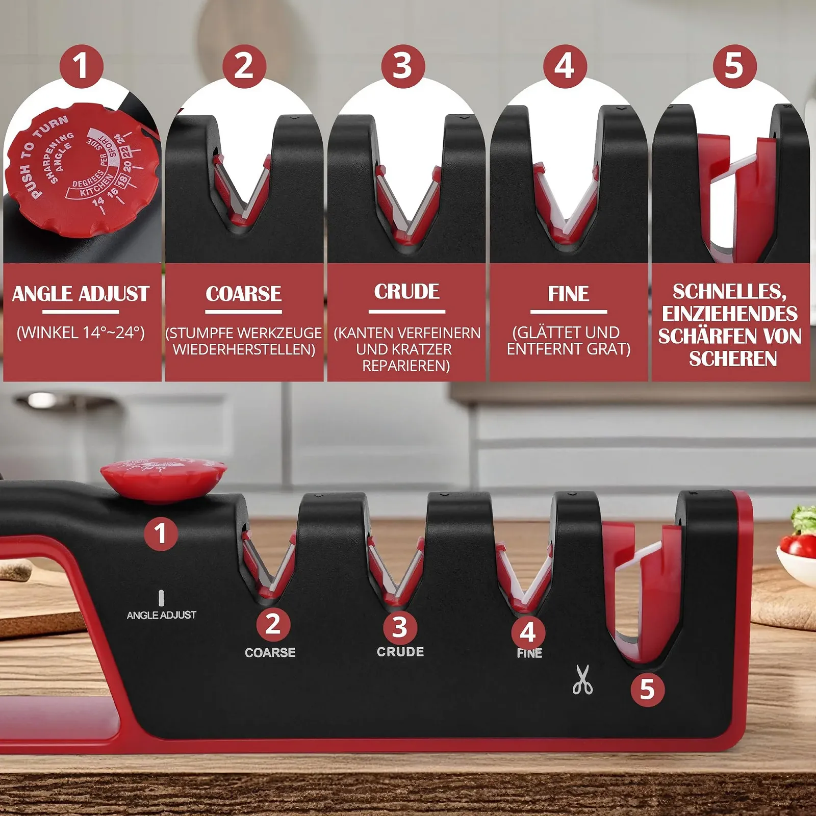 Точило для ножів Professional ручна 4-в-1 з регульованим кутом Ceramic Stone Tungsten Carbide Diamond нековзна, фото №4