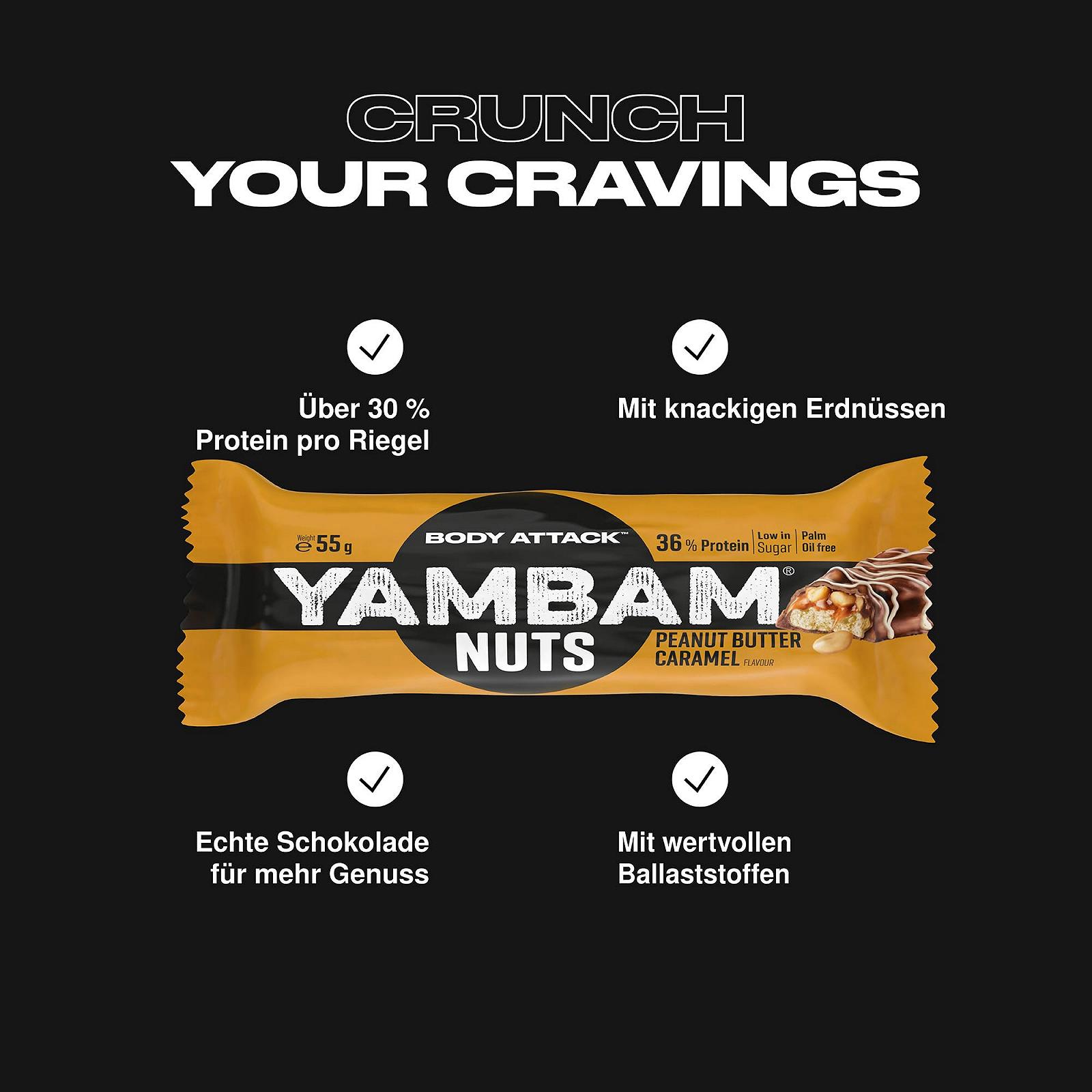Протеїновий батончик Body Attack Yambam Nuts Арахісова карамель, 15 x 55 г, більше 30% протеїну, фітнес-батончик без додавання цукру та без аспартаму, фото №2