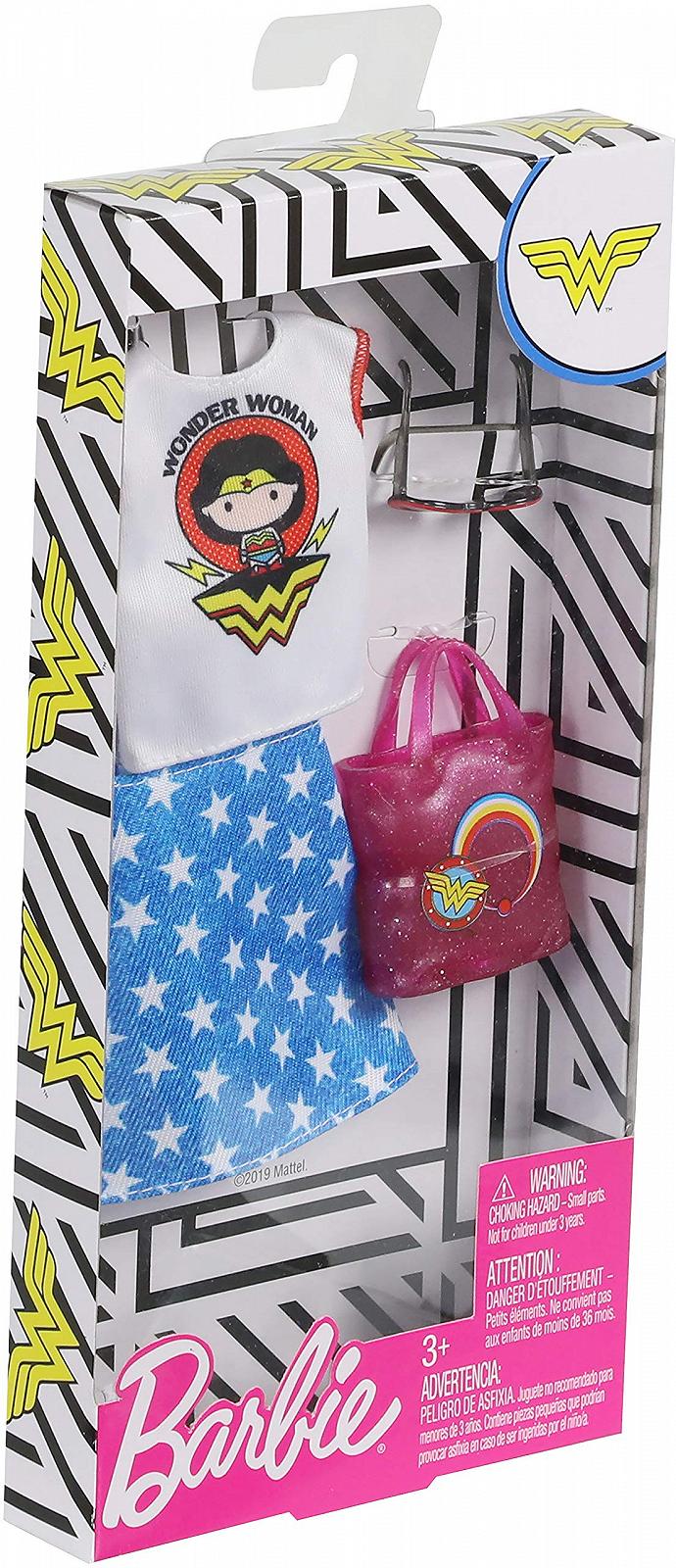 Кукла Mattel Barbie FXK85 Wonder Woman Мода, Одежда, Модный набор - Рубашка с принтом, Юбка со звездами, Блестящая сумочка и Очки, фото №3